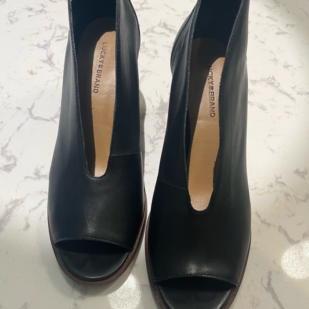 Lucky Brand Black Leather Peep-Toe Heeled Boots - Picture 5 of 5